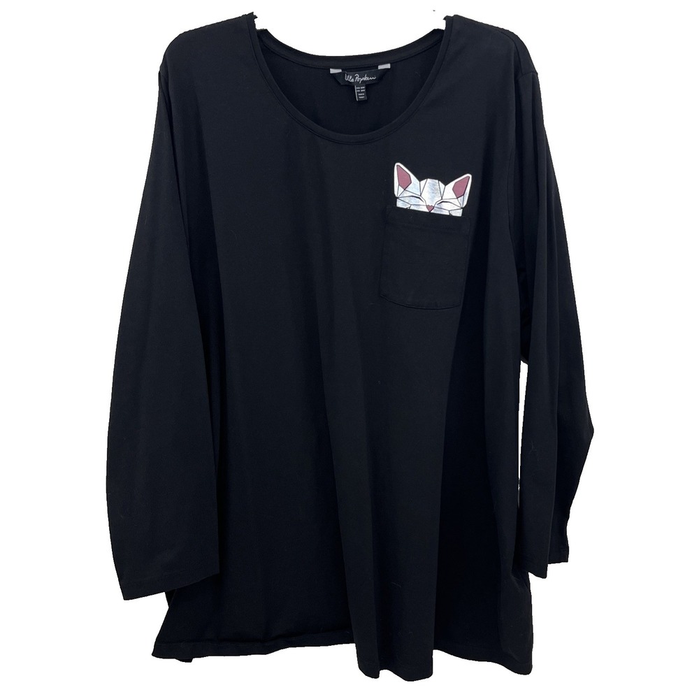 Ulla Popken Women's Shirt Size 28/30 Black Cat in Pocket Long Sleeves